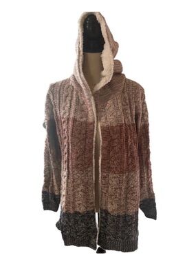 Lety & Me Cozy Hooded Cable-Knit Cardigan Sweater - Brown Ombre
